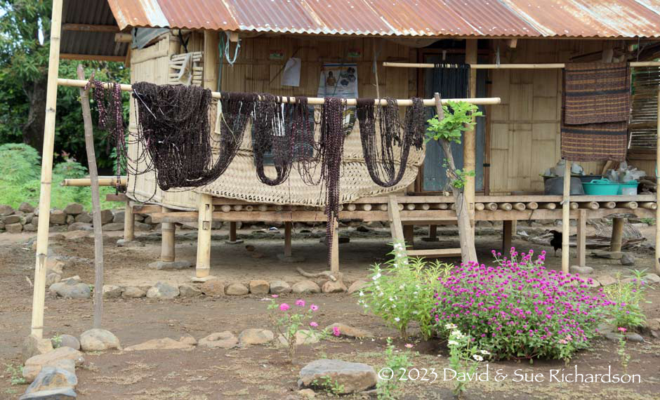 Description: Synthetically dyed yarns drying in Nggela