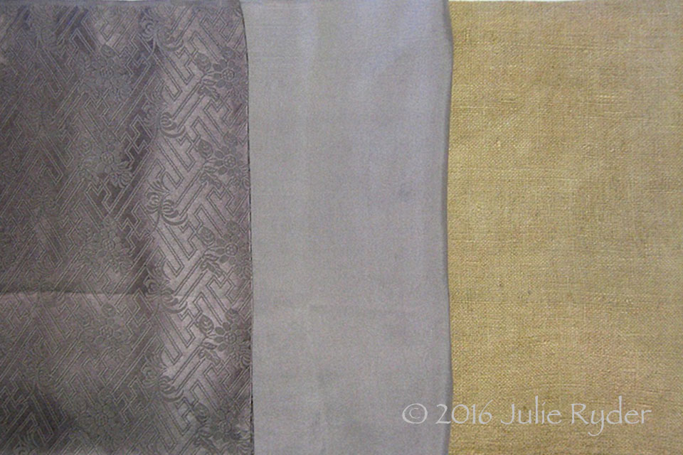 Description: Three samples of silk dyed with rambutan pericarps