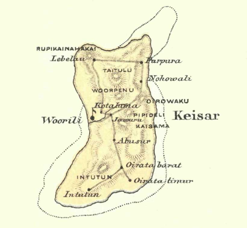 Description: A distorted map of Kisar (from Riedel 1886, 400-401)