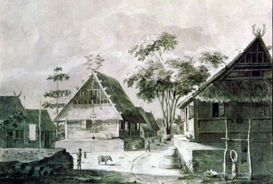 Description: A drawing of a Meher village on Kisar, undated