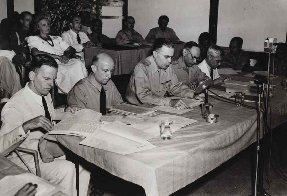 Description: Lieutenant Hubertus van Mook at the Malino Conference, July 1946